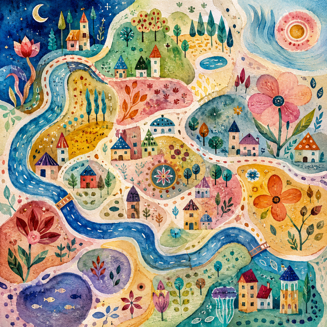 Imaginary folk map in joyful watercolour