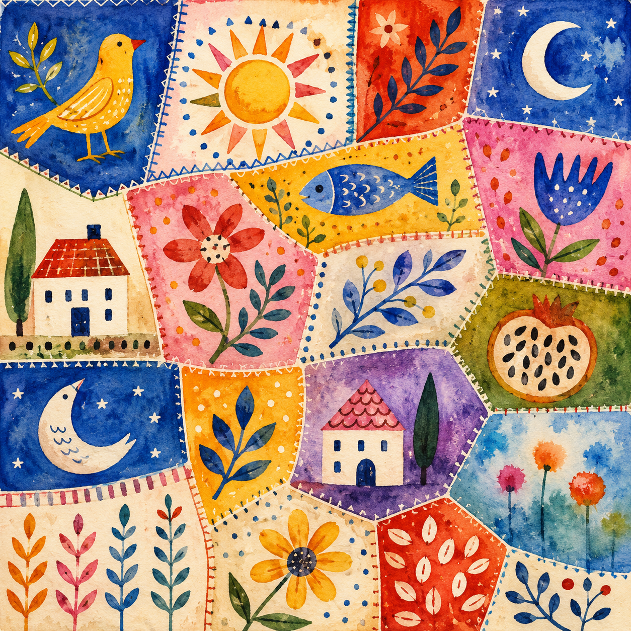 Patchwork watercolour quilt with folk symbols