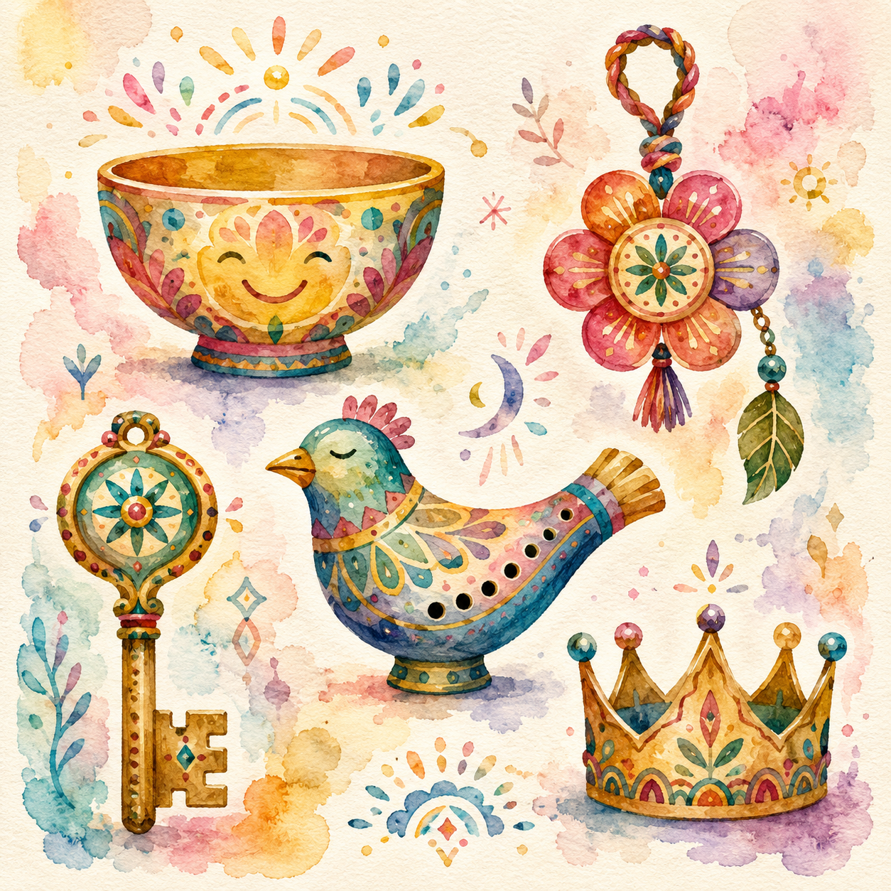 Invented joyful folk relics in watercolour