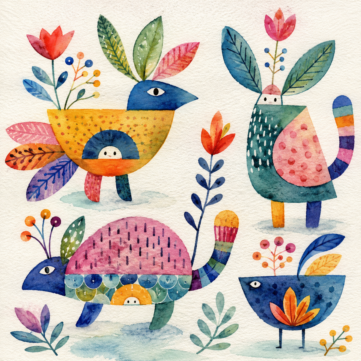 Abstract folk creatures built from colourful shapes