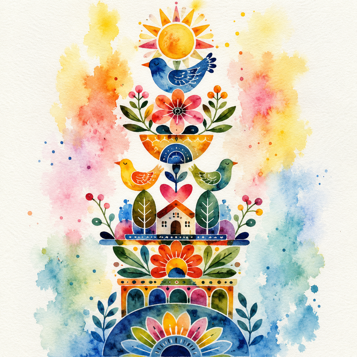 Vertical joyful totem of birds flowers and houses