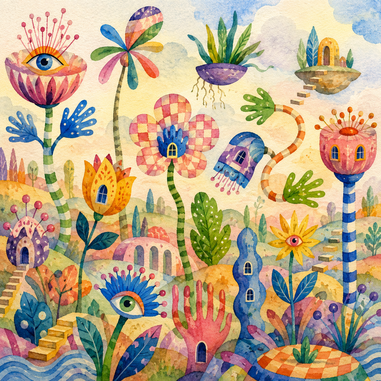 Surreal impossible garden in folk watercolour