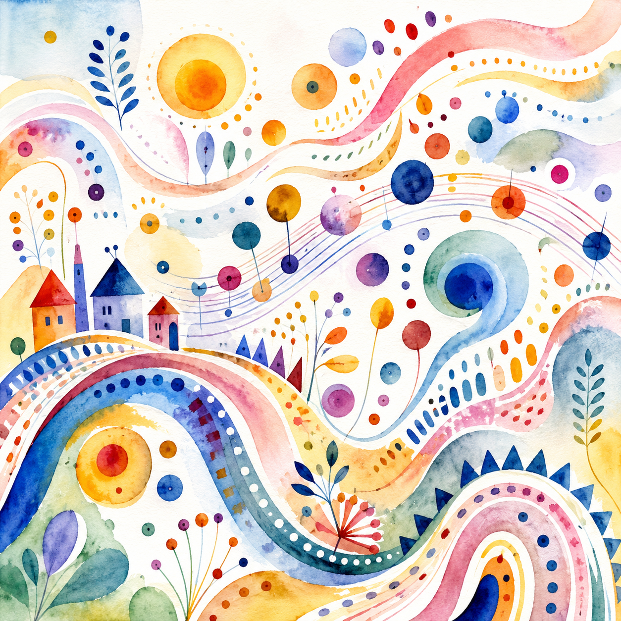 Abstract musical watercolour with rhythmic lines and shapes