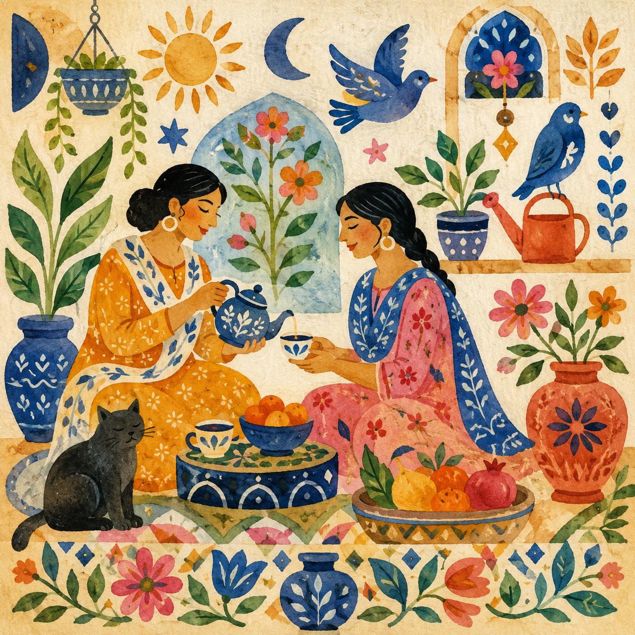 Two people sharing tea in a decorative folk scene