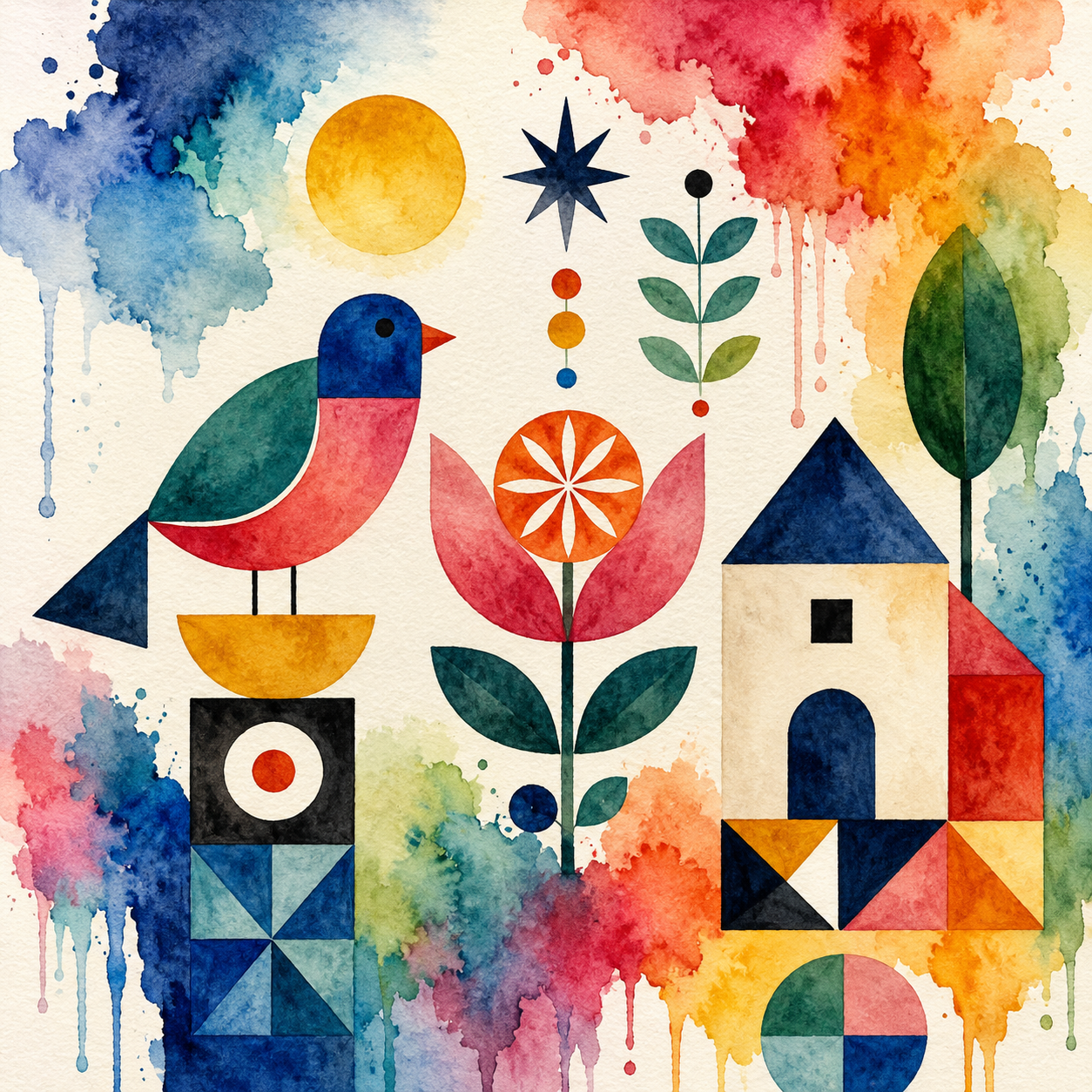 Clean folk shapes surrounded by wild watercolour blooms