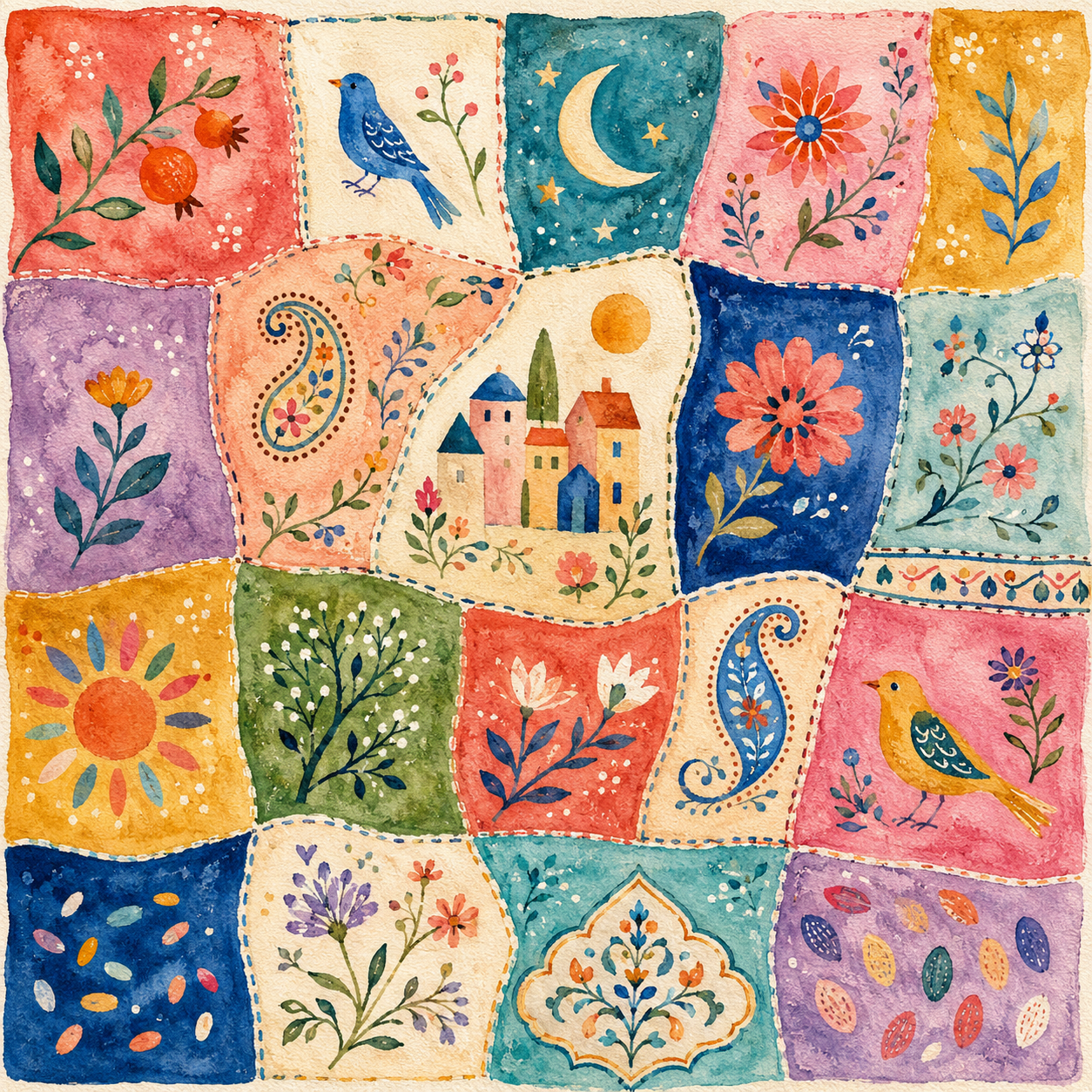 Watercolour quilt with subtle Persian ornamental hints