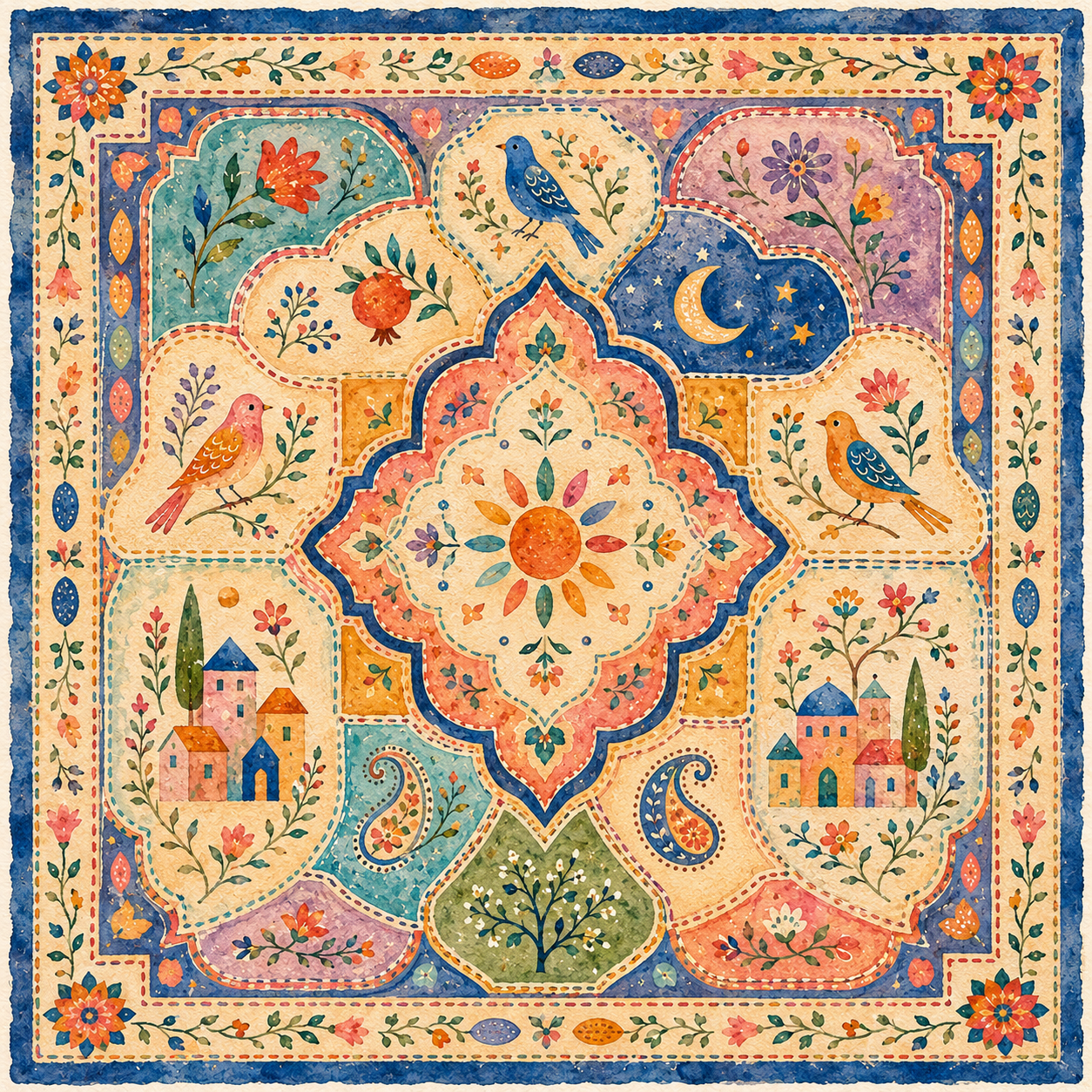 Persian-inspired framework filled with playful folk symbols