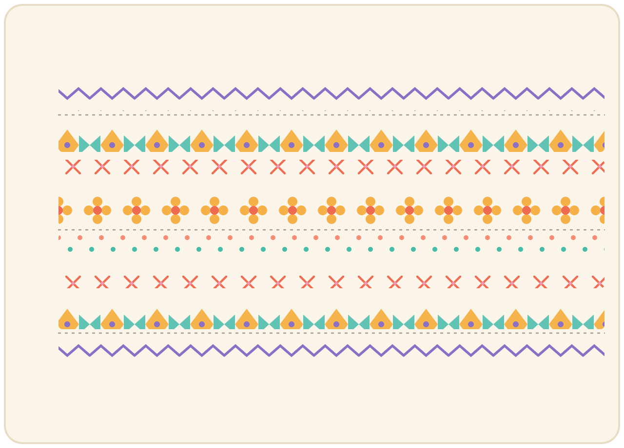 Rows of folk stitch patterns filling the surface like an embroidery sampler.
