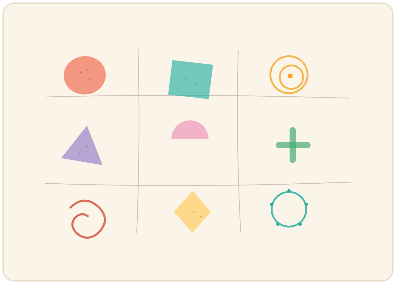 Wonky hand-drawn circles, squares and rings on a deliberately off-kilter grid.