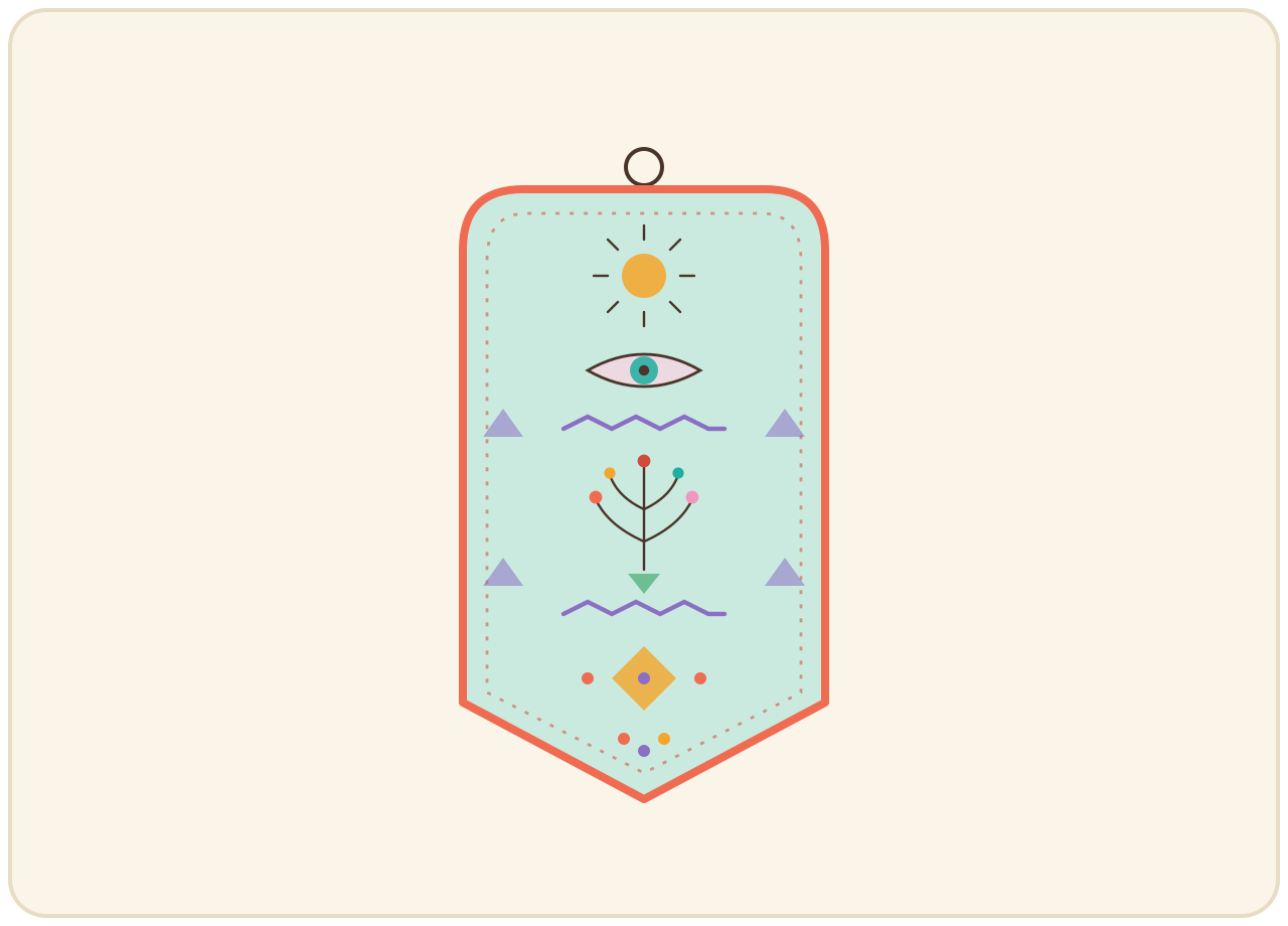 A dense, symmetric amulet packed with abstract folk symbols: a sun, an eye, a tree of life, zigzags and diamonds.